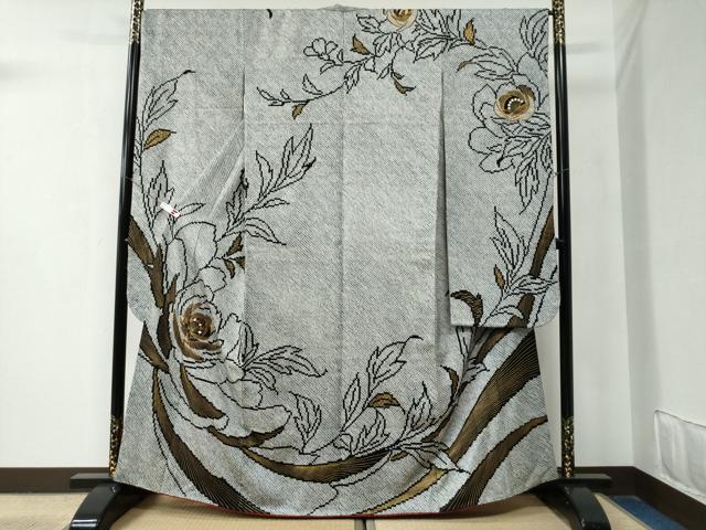 平和屋着物●豪華振袖 総絞り 駒刺繍 牡丹 黒地 金彩 鈴乃屋扱い 正絹 逸品 CAAZ3020yc