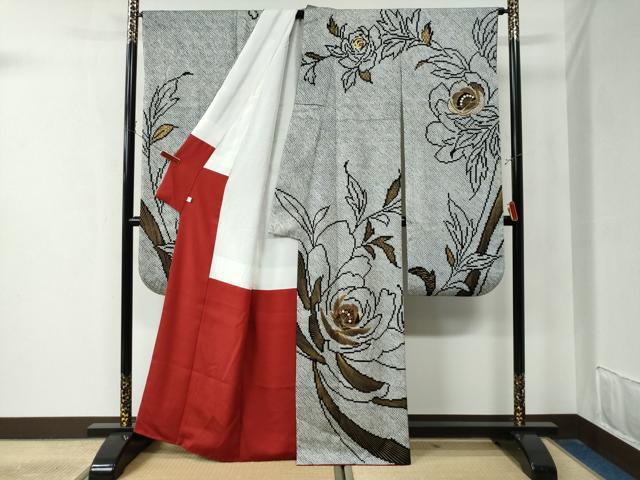 平和屋着物●豪華振袖 総絞り 駒刺繍 牡丹 黒地 金彩 鈴乃屋扱い 正絹 逸品 CAAZ3020yc