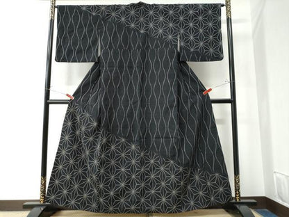 平和屋着物●訪問着 紬地 総刺繍 刺し子 立涌麻の葉文様 黒地 正絹 逸品 CAAZ3026yc