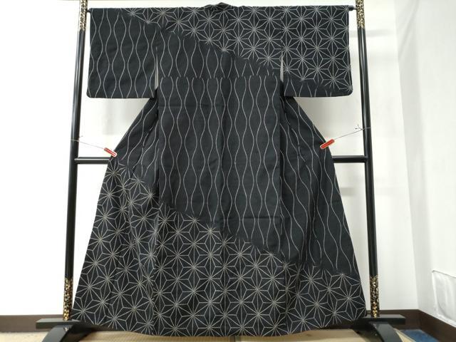 平和屋着物●訪問着 紬地 総刺繍 刺し子 立涌麻の葉文様 黒地 正絹 逸品 CAAZ3026yc