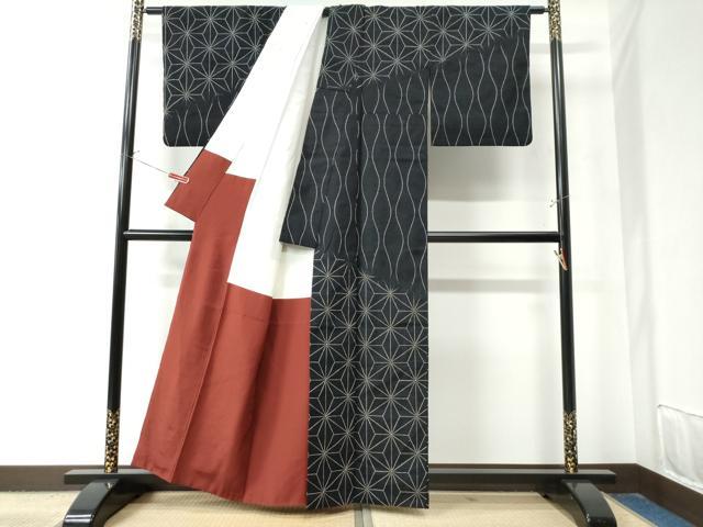 平和屋着物●訪問着 紬地 総刺繍 刺し子 立涌麻の葉文様 黒地 正絹 逸品 CAAZ3026yc