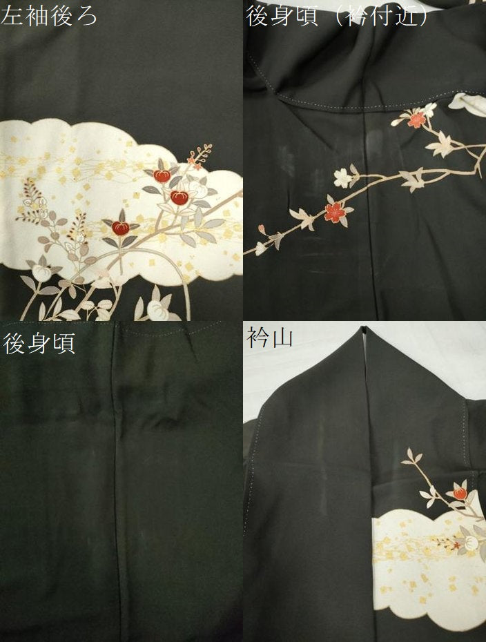 平和屋着物●訪問着 駒刺繍 雲取り草花文 黒地 金彩 正絹 逸品 CAAZ3061yc