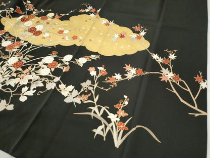 平和屋着物●訪問着 駒刺繍 雲取り草花文 黒地 金彩 正絹 逸品 CAAZ3061yc