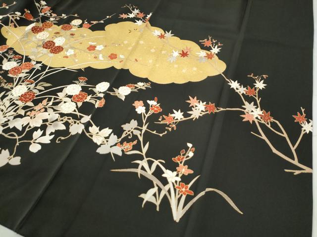 平和屋着物●訪問着 駒刺繍 雲取り草花文 黒地 金彩 正絹 逸品 CAAZ3061yc