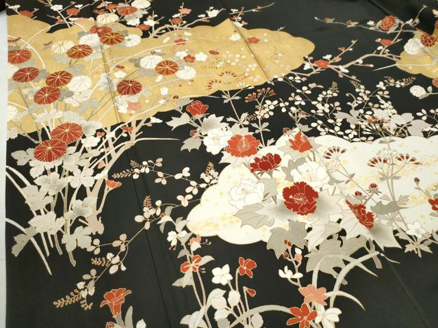 平和屋着物●訪問着 駒刺繍 雲取り草花文 黒地 金彩 正絹 逸品 CAAZ3061yc