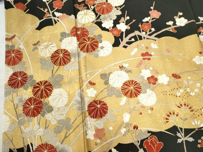 平和屋着物●訪問着 駒刺繍 雲取り草花文 黒地 金彩 正絹 逸品 CAAZ3061yc