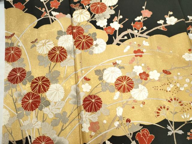 平和屋着物●訪問着 駒刺繍 雲取り草花文 黒地 金彩 正絹 逸品 CAAZ3061yc