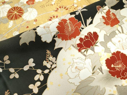平和屋着物●訪問着 駒刺繍 雲取り草花文 黒地 金彩 正絹 逸品 CAAZ3061yc