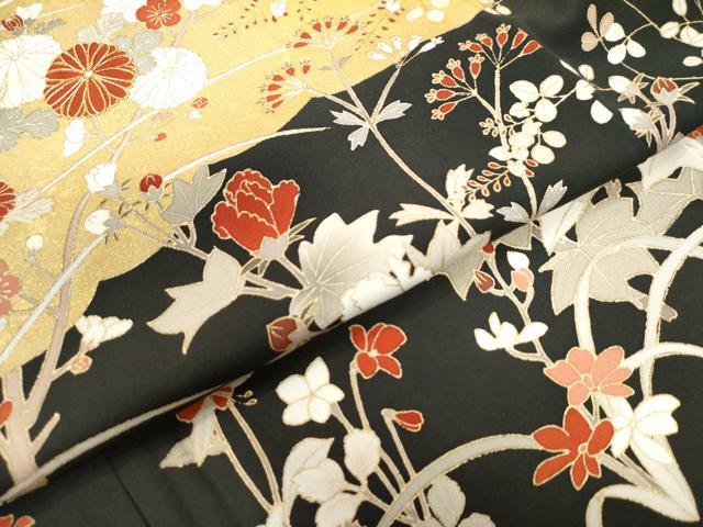 平和屋着物●訪問着 駒刺繍 雲取り草花文 黒地 金彩 正絹 逸品 CAAZ3061yc