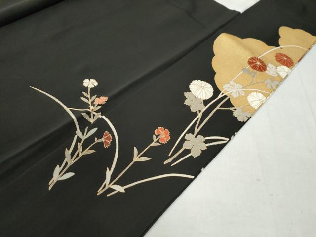 平和屋着物●訪問着 駒刺繍 雲取り草花文 黒地 金彩 正絹 逸品 CAAZ3061yc