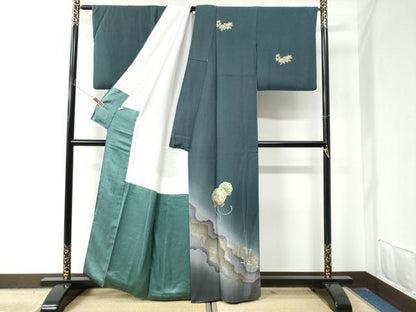 平和屋着物●訪問着 紬地 総刺繍 秋草文 金彩 正絹 逸品 CAAZ3097yc