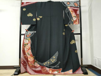 平和屋着物●訪問着 絞り 刺繍 几帳牡丹鈴吉祥花文 黒地 金彩 ロング丈 正絹 逸品 CAAZ3114yc