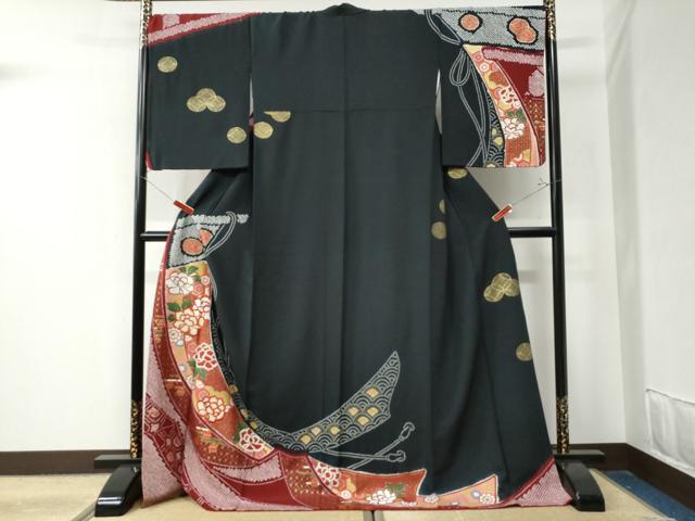 平和屋着物●訪問着 絞り 刺繍 几帳牡丹鈴吉祥花文 黒地 金彩 ロング丈 正絹 逸品 CAAZ3114yc