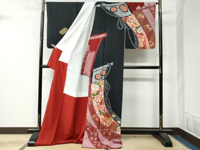 平和屋着物●訪問着 絞り 刺繍 几帳牡丹鈴吉祥花文 黒地 金彩 ロング丈 正絹 逸品 CAAZ3114yc