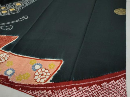 平和屋着物●訪問着 絞り 刺繍 几帳牡丹鈴吉祥花文 黒地 金彩 ロング丈 正絹 逸品 CAAZ3114yc