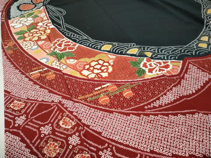 平和屋着物●訪問着 絞り 刺繍 几帳牡丹鈴吉祥花文 黒地 金彩 ロング丈 正絹 逸品 CAAZ3114yc