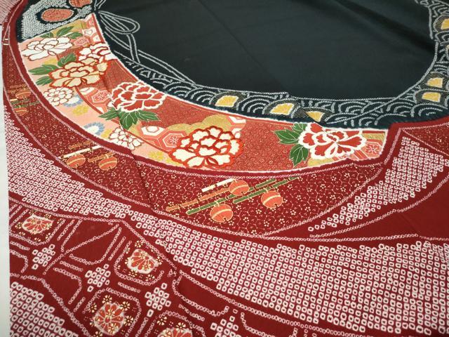 平和屋着物●訪問着 絞り 刺繍 几帳牡丹鈴吉祥花文 黒地 金彩 ロング丈 正絹 逸品 CAAZ3114yc