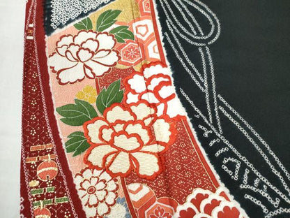 平和屋着物●訪問着 絞り 刺繍 几帳牡丹鈴吉祥花文 黒地 金彩 ロング丈 正絹 逸品 CAAZ3114yc