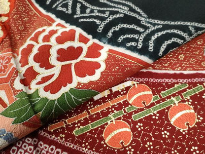 平和屋着物●訪問着 絞り 刺繍 几帳牡丹鈴吉祥花文 黒地 金彩 ロング丈 正絹 逸品 CAAZ3114yc