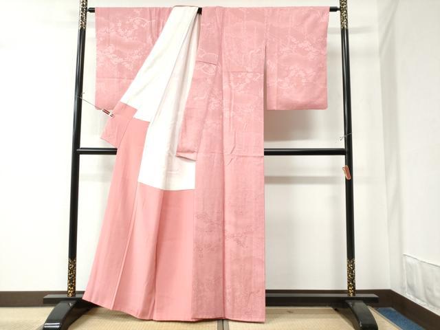 平和屋着物●上質な色無地　雲取り渡り橋水車梅地紋　桃色　正絹　逸品　CAAZ3134yc