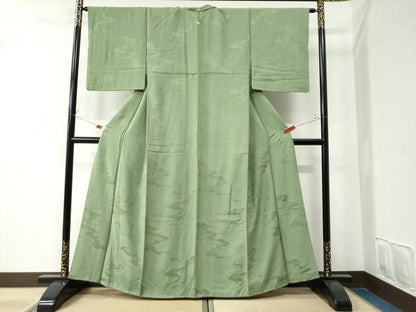 平和屋着物●上質な色無地　亀甲霞吉祥地紋　山葵色　正絹　逸品　CAAZ3164yc