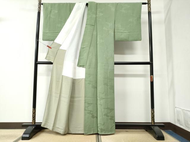 平和屋着物●上質な色無地　亀甲霞吉祥地紋　山葵色　正絹　逸品　CAAZ3164yc