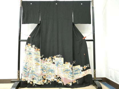 平和屋着物●豪華黒留袖　友禅　作家物　風景吉祥花文　正絹　逸品　CAAZ3202yc