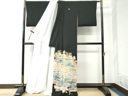 平和屋着物●豪華黒留袖　友禅　作家物　風景吉祥花文　正絹　逸品　CAAZ3202yc