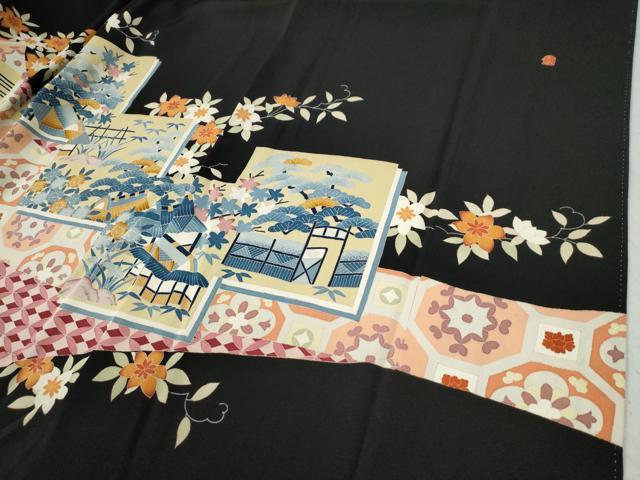 平和屋着物●豪華黒留袖　友禅　作家物　風景吉祥花文　正絹　逸品　CAAZ3202yc