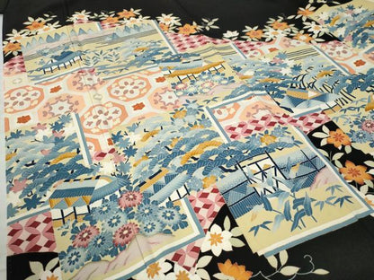 平和屋着物●豪華黒留袖　友禅　作家物　風景吉祥花文　正絹　逸品　CAAZ3202yc