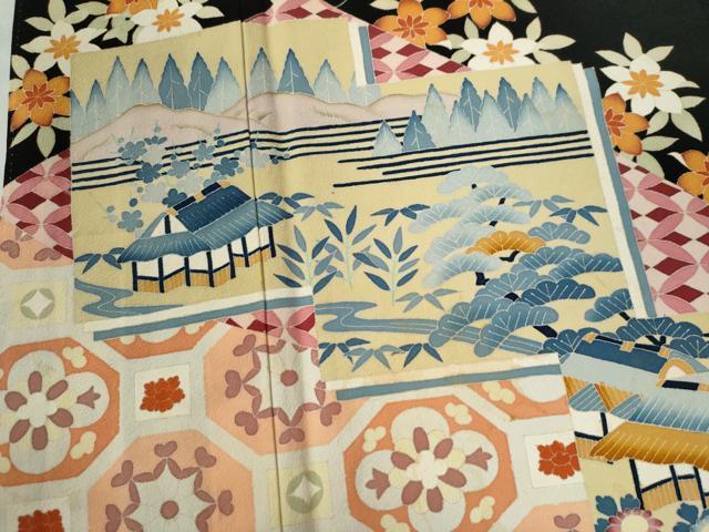 平和屋着物●豪華黒留袖　友禅　作家物　風景吉祥花文　正絹　逸品　CAAZ3202yc