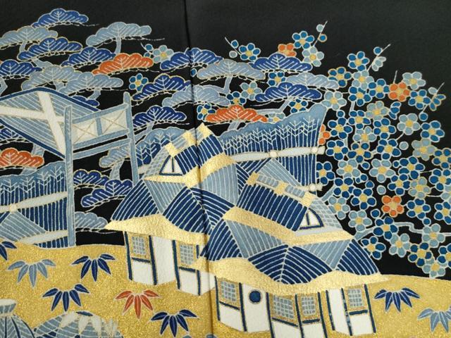 平和屋着物●豪華黒留袖　作家物　渡り橋松竹梅風景文　金彩　正絹　逸品　CAAZ3289yc