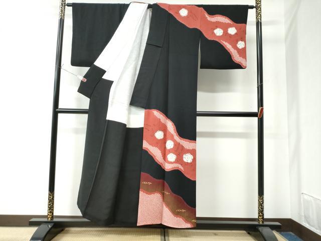 平和屋着物●訪問着　辻が花　手描き　絞り　黒地　金通し地　正絹　逸品　CAAZ3304yc