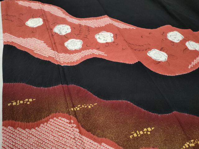 平和屋着物●訪問着　辻が花　手描き　絞り　黒地　金通し地　正絹　逸品　CAAZ3304yc
