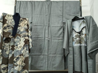 平和屋着物●男性 お召 アンサンブル 長襦袢セット 80亀甲 キングサイズ 正絹 逸品 未使用 CAAZ3406yc