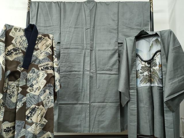 平和屋着物●男性 お召 アンサンブル 長襦袢セット 80亀甲 キングサイズ 正絹 逸品 未使用 CAAZ3406yc