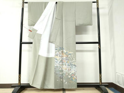平和屋着物●京友禅作家 外池雅峰 訪問着 駒刺繍 渡り橋松竹梅風景文 暈し染め 金銀彩 正絹 逸品 CAAZ3433yc