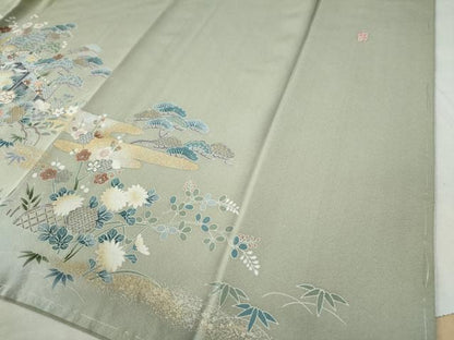 平和屋着物●京友禅作家 外池雅峰 訪問着 駒刺繍 渡り橋松竹梅風景文 暈し染め 金銀彩 正絹 逸品 CAAZ3433yc