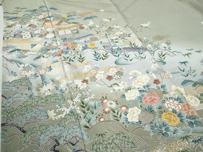 平和屋着物●京友禅作家 外池雅峰 訪問着 駒刺繍 渡り橋松竹梅風景文 暈し染め 金銀彩 正絹 逸品 CAAZ3433yc