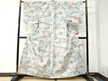 平和屋着物●小千谷紬 本真綿結城 雲取り草花文 証紙付き 正絹 逸品 未使用 CAAZ3460yc