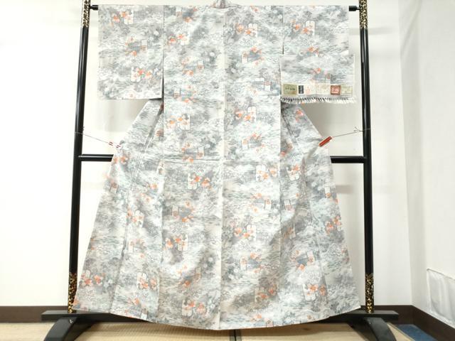 平和屋着物●小千谷紬 本真綿結城 雲取り草花文 証紙付き 正絹 逸品 未使用 CAAZ3460yc
