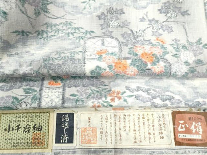 平和屋着物●小千谷紬 本真綿結城 雲取り草花文 証紙付き 正絹 逸品 未使用 CAAZ3460yc