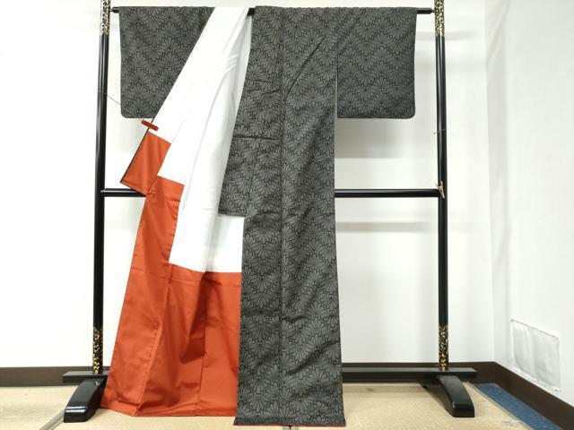 平和屋着物●上質な紬　菊　黒地　ロング丈　正絹　逸品　CAAZ3507yc