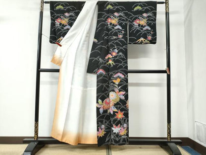平和屋着物●訪問着　型染め　芝草松竹梅花文　黒地　正絹　逸品　CAAZ3567yc