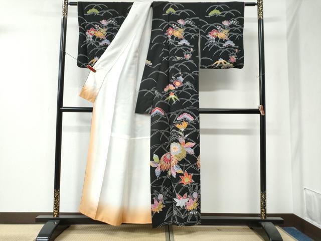 平和屋着物●訪問着　型染め　芝草松竹梅花文　黒地　正絹　逸品　CAAZ3567yc