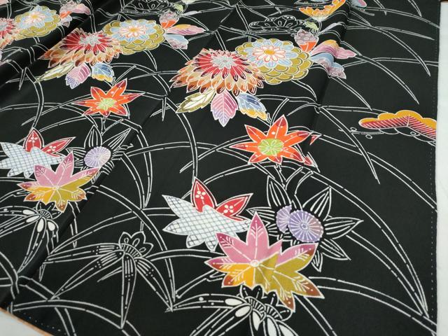 平和屋着物●訪問着　型染め　芝草松竹梅花文　黒地　正絹　逸品　CAAZ3567yc