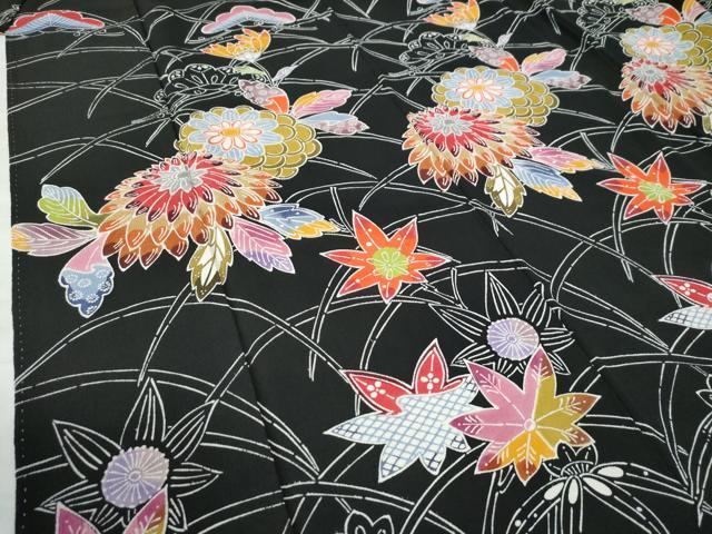 平和屋着物●訪問着　型染め　芝草松竹梅花文　黒地　正絹　逸品　CAAZ3567yc
