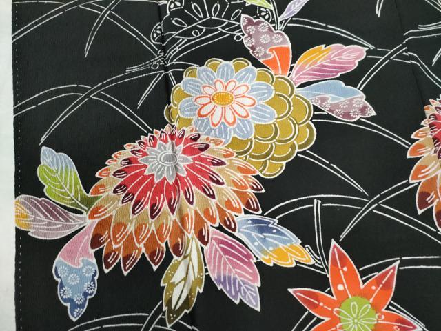 平和屋着物●訪問着　型染め　芝草松竹梅花文　黒地　正絹　逸品　CAAZ3567yc