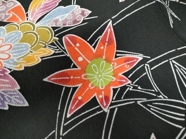 平和屋着物●訪問着　型染め　芝草松竹梅花文　黒地　正絹　逸品　CAAZ3567yc