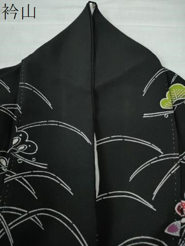 平和屋着物●訪問着　型染め　芝草松竹梅花文　黒地　正絹　逸品　CAAZ3567yc